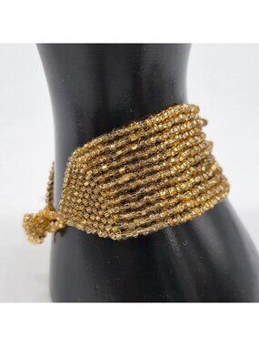 Wide Seed Bead Bracelet Gold Handmade Gold Glass Bead Multi-Strand Loop Closure